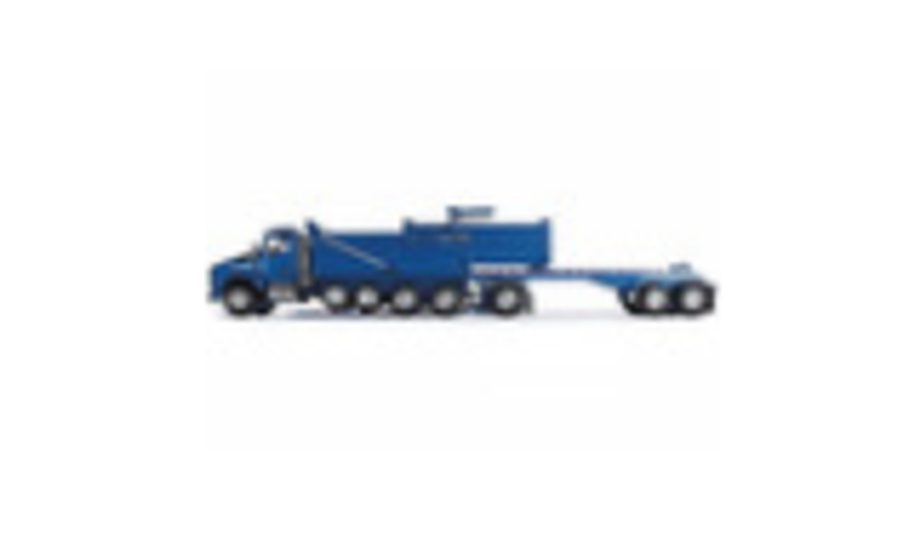 Kenworth T880 Quad-Axle Dump Truck and Rogue Transfer Tandem-Axle Dump Trailer Surf Blue Metallic 1/64 Diecast Model by DCP/First Gear