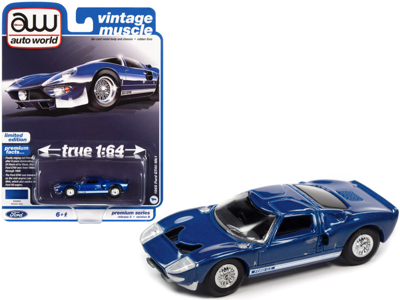 1965 Ford GT40 MK1 Blue Metallic with White Stripes 