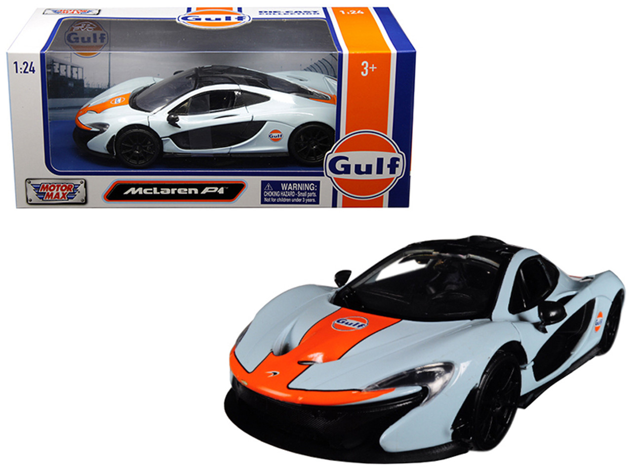 1/24 Motormax McLaren P1 with "Gulf" Livery Light Blue with Orange Stripe Diecast Car Model