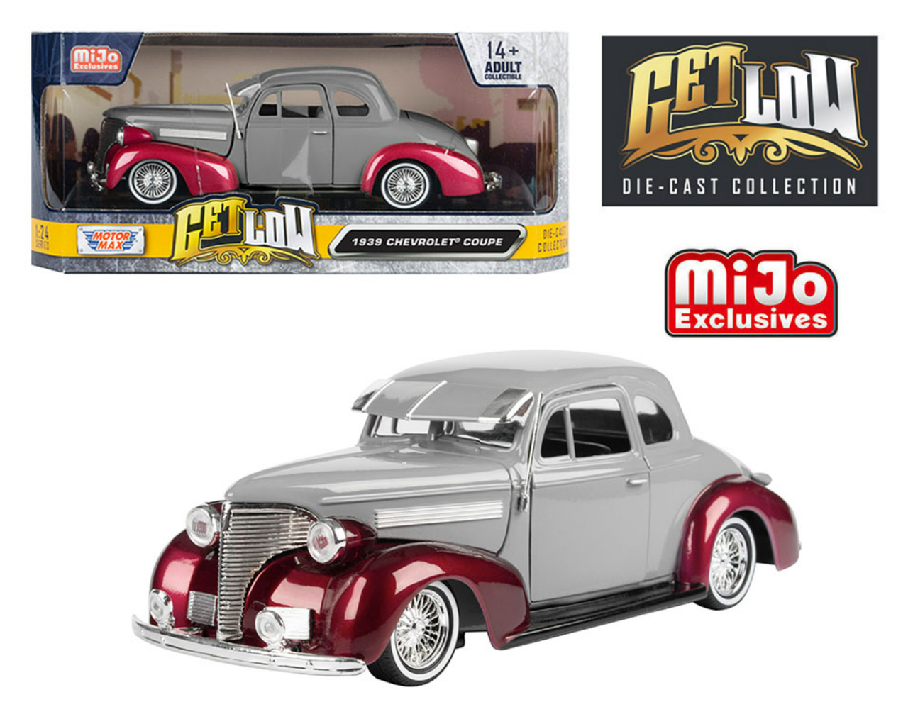 1/24 Motormax 1939 Chevrolet Coupe Lowrider (Grey & Red) Diecast Car Model