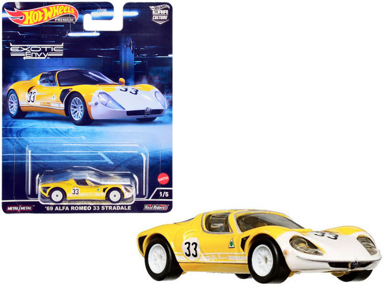 1969 Alfa Romeo 33 Stradale #33 Yellow and White "Exotic Envy" Series Diecast Model Car by Hot Wheels