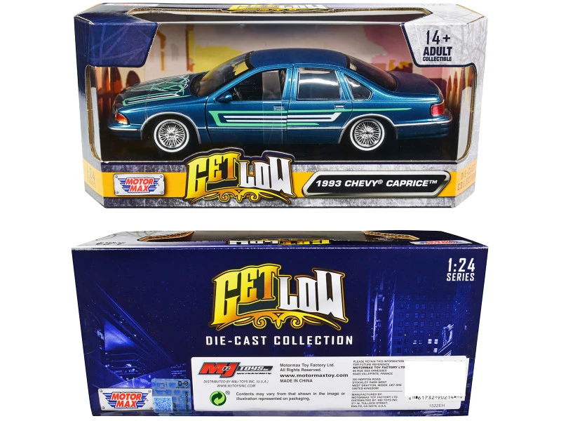1993 Chevrolet Caprice Lowrider Blue Metallic with Graphics "Get Low" Series 1/24 Diecast Model Car by Motormax