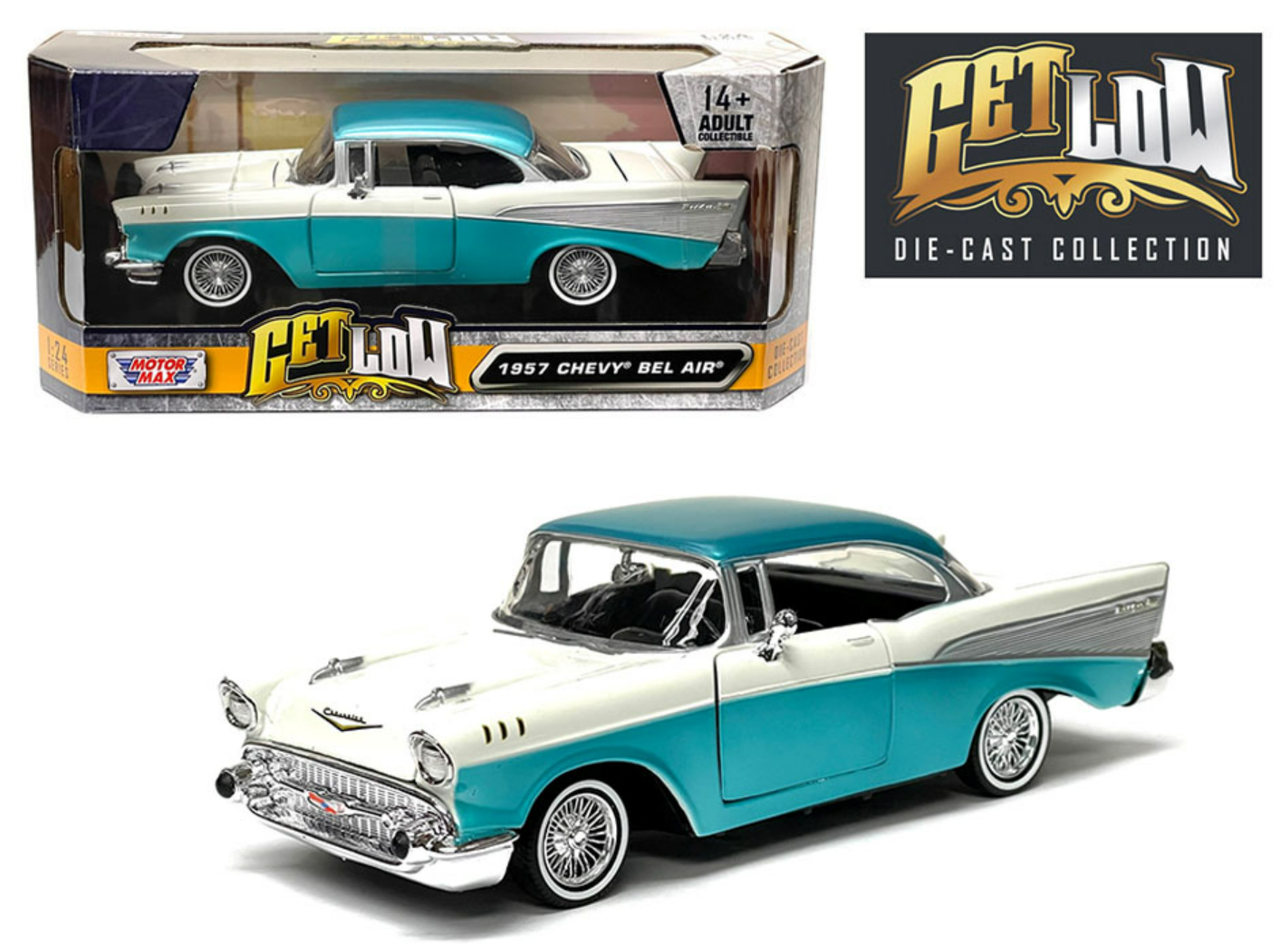 1/24 Motormax 1957 Chevrolet Bel Air Lowrider (Two Tone Turquoise Blue & White) Diecast Car Model