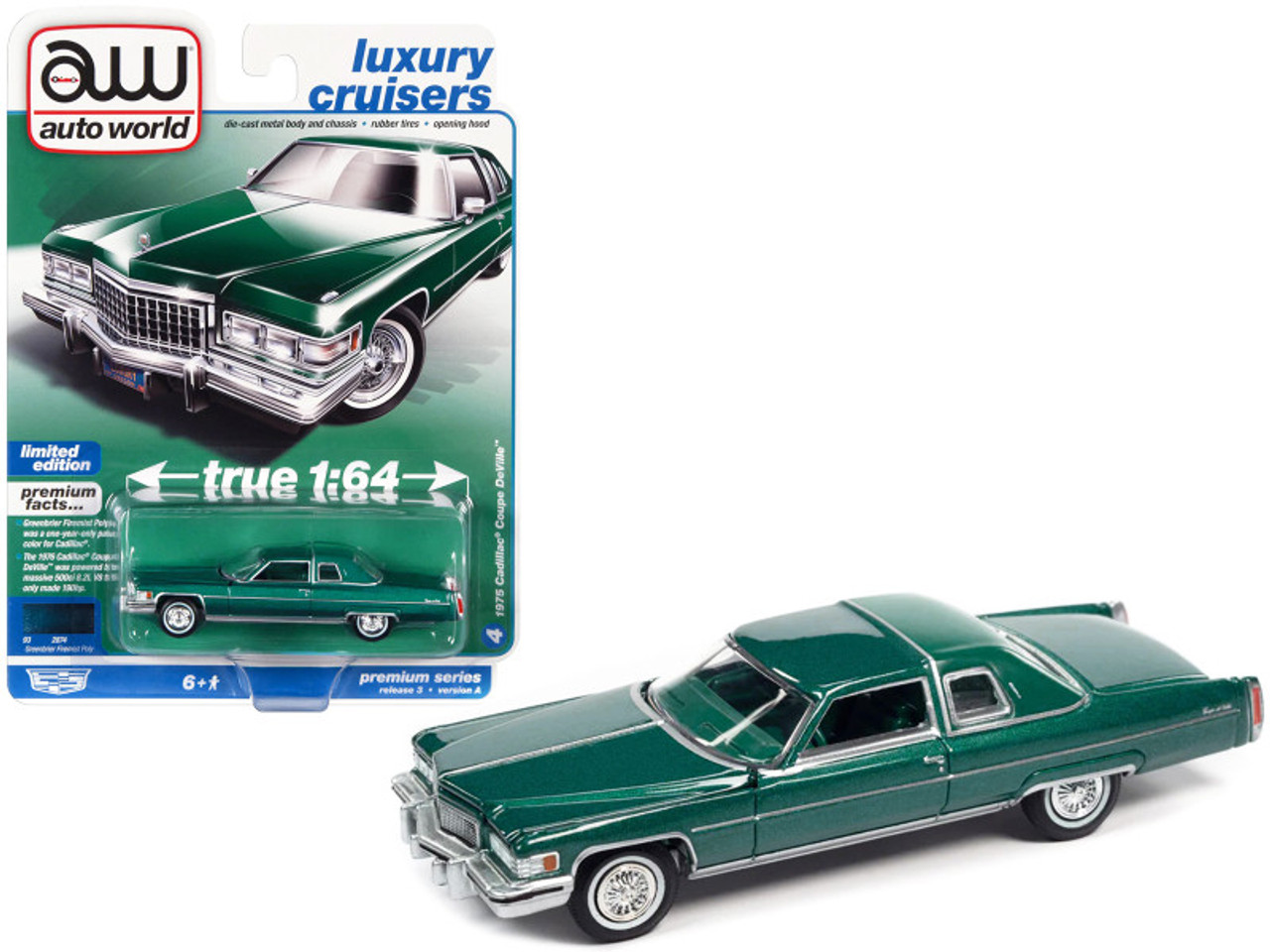 1975 Cadillac Coupe DeVille Greenbrier Firemist Green Metallic with Green Vinyl Top "Luxury Cruisers" Series Limited Edition 1/64 Diecast Model Car by Auto World