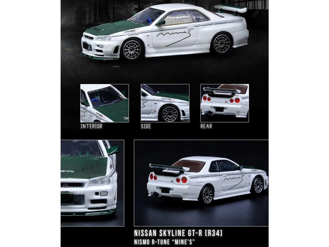 1/64 Inno Models Nissan Skyline GT-R (R34) R-Tune RHD (Right Hand Drive) White with Green Hood Tuned by "Mine's" Diecast Car Model
