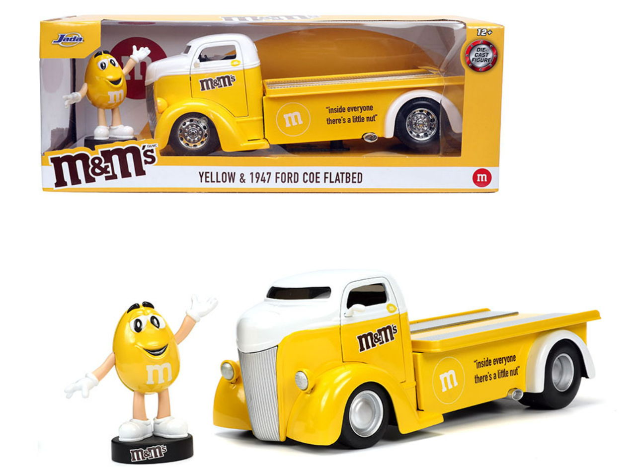 1/24 Jada 1947 Ford COE Flatbed With Yellow M&M Figure Diecast Car Model