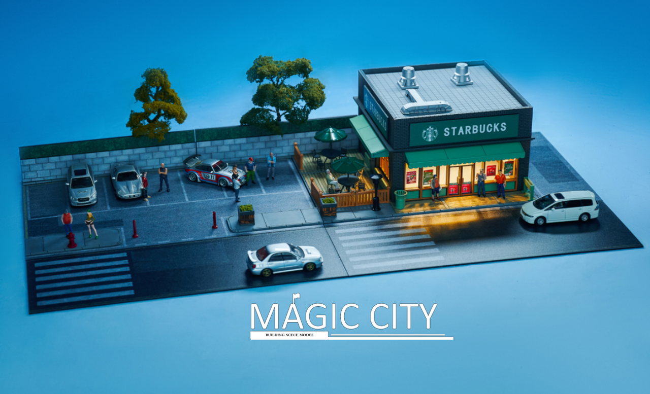 1/64 Magic City Starbucks Shop & Parking Lot Diorama with Lights (cars & figures NOT included)