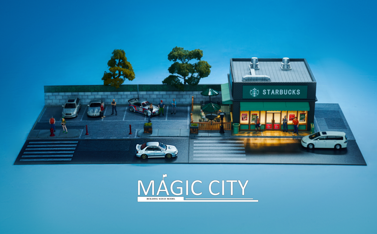 1/64 Magic City Starbucks Shop & Parking Lot Diorama with Lights (cars & figures NOT included)