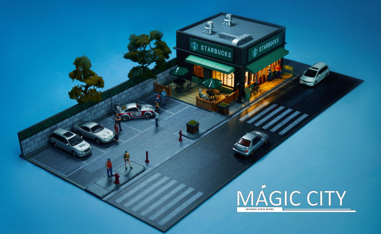 1/64 Magic City Starbucks Shop & Parking Lot Diorama with Lights (cars & figures NOT included)