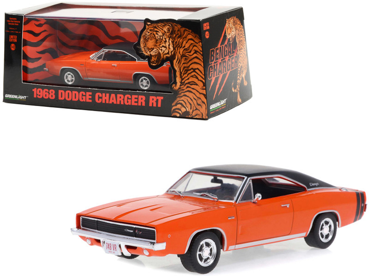 1968 Dodge Charger R/T Orange with Black Top and Tail Stripes 