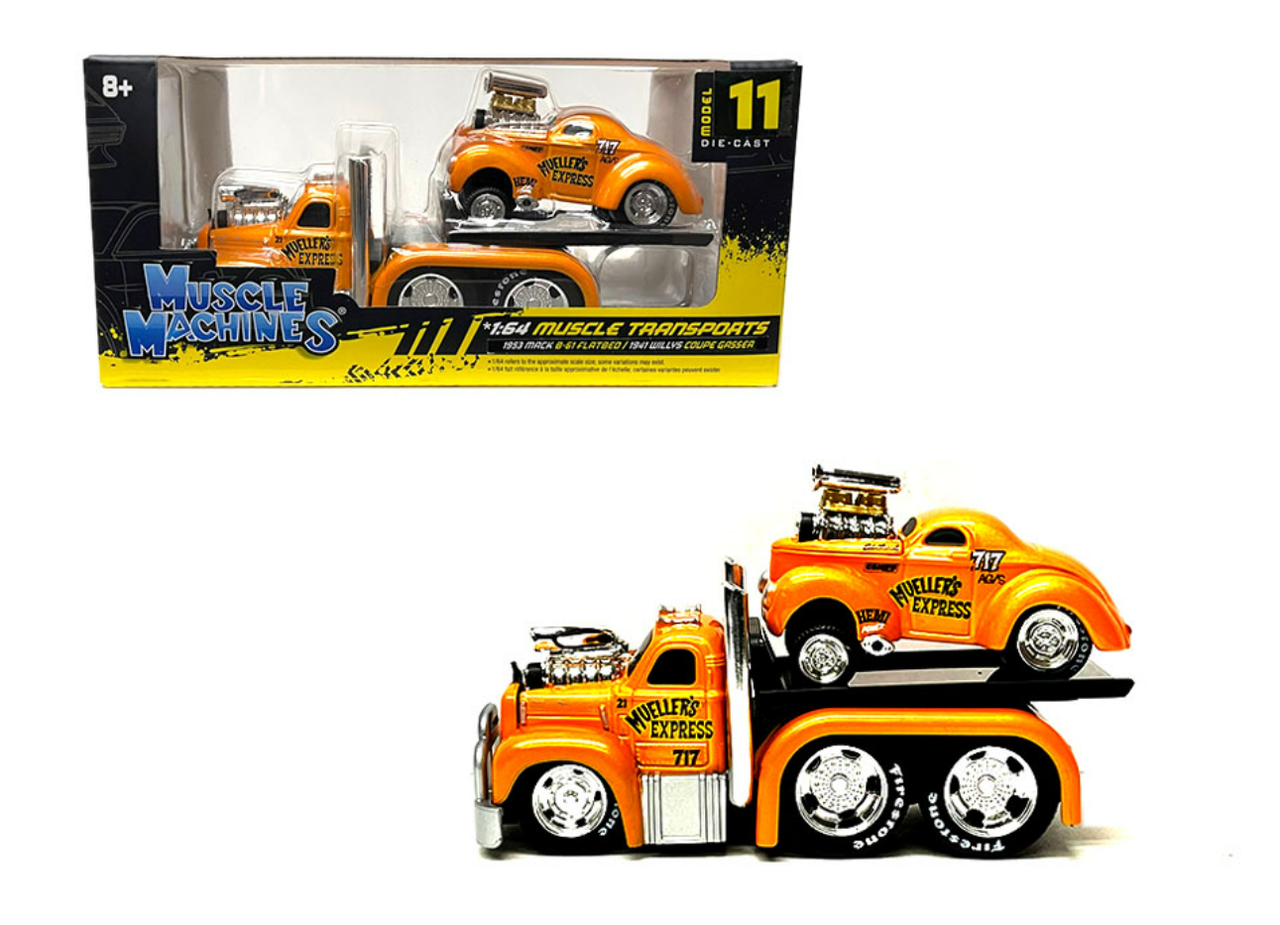 1/64 Muscle Machines 1953 Mack B-61 Flatbed with 1941 Willys Coupe Orange Muscle Transports Car Model