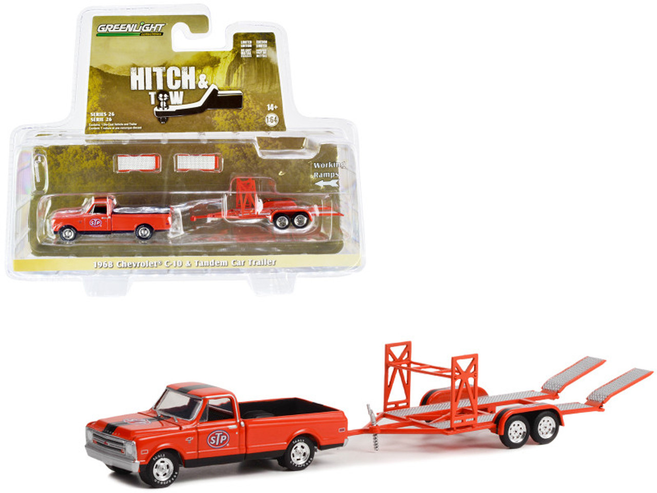 1968 Chevrolet C-10 Pickup Truck Orange with Black Stripes with Black Bed Cover and Tandem Car Trailer "STP" "Hitch & Tow" Series 26 1/64 Diecast Model Car by Greenlight