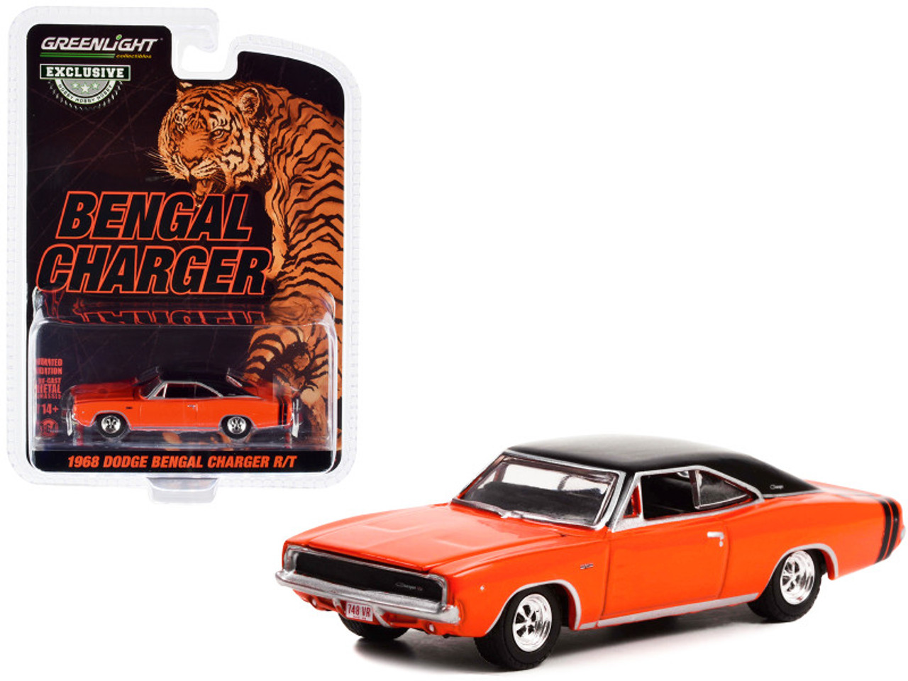 1968 Dodge Charger R/T Orange with Black Top and Tail Stripes "Bengal Charger: Tom Kneer Dodge Cincinnati Ohio" "Hobby Exclusive" Series 1/64 Diecast Model Car by Greenlight