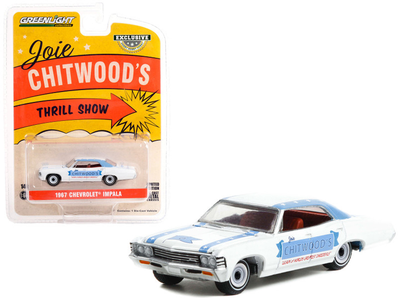 1967 Chevrolet Impala Sport Sedan White with Blue Stripes "Joie Chitwood’s Thrill Show: Legion of Worlds Greatest Daredevils" "Hobby Exclusive" Series 1/64 Diecast Model Car by Greenlight