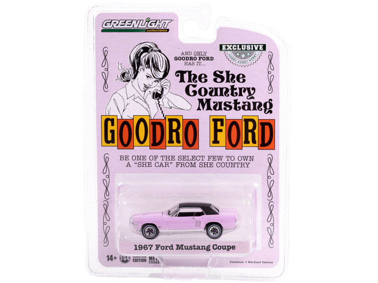1967 Ford Mustang Evening Orchid Pink with Black Top "She Country Special" "Bill Goodro Ford Denver Colorado" "Hobby Exclusive" Series 1/64 Diecast Model Car by Greenlight