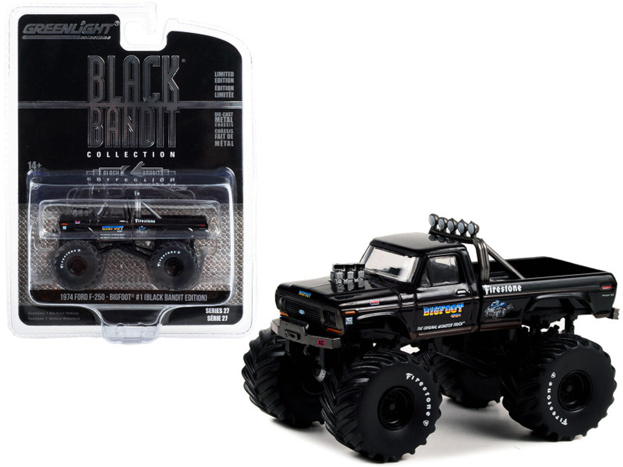 1974 Ford F-250 Monster Truck with 66-Inch Tires "Bigfoot #1 Black Bandit Edition" "Black Bandit" Series 27 1/64 Diecast Model Car by Greenlight