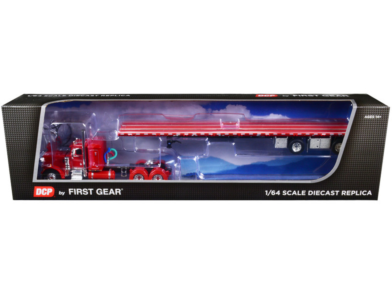 Peterbilt 359 36" Flat Top Sleeper and Wilson Roadbrute Spread-Axle Flatbed Trailer Red 1/64 Diecast Model by DCP/First Gear