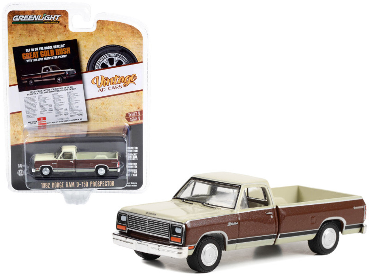 1982 Dodge Ram D-150 Prospector Pickup Truck Brown Metallic and Tan "Get In On The Dodge Dealers' Great Gold Rush" "Vintage Ad Cars" Series 8 1/64 Diecast Model Car by Greenlight