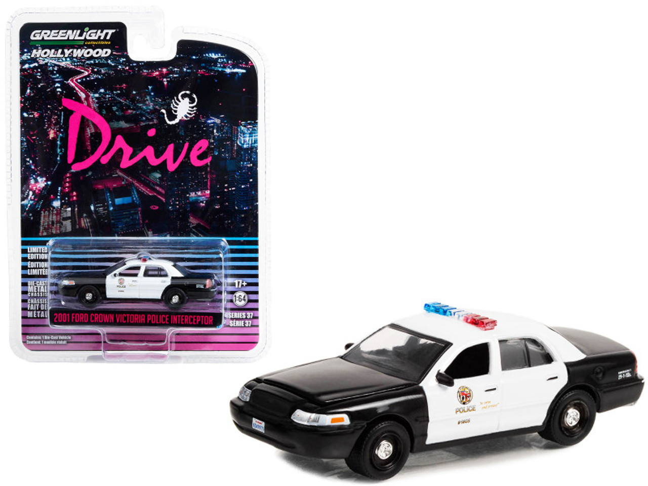 2001 Ford Crown Victoria Police Interceptor Black and White LAPD (Los Angeles Police Department) "Drive" (2011) Movie "Hollywood Series" Release 37 1/64 Diecast Model Car by Greenlight