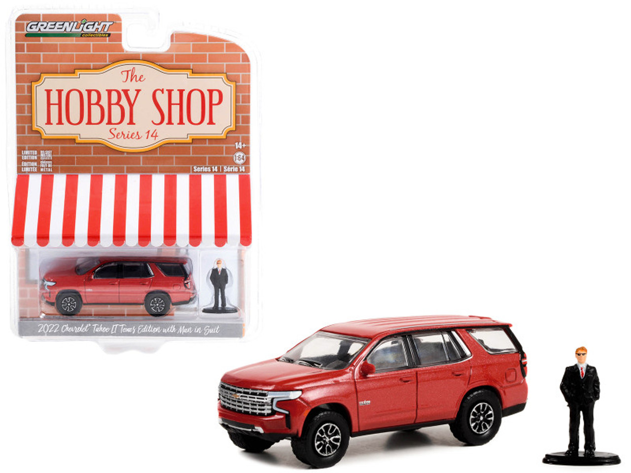 2022 Chevrolet Tahoe LT Texas Edition Red Metallic and Man in Suit "The Hobby Shop" Series 14 1/64 Diecast Model Car by Greenlight