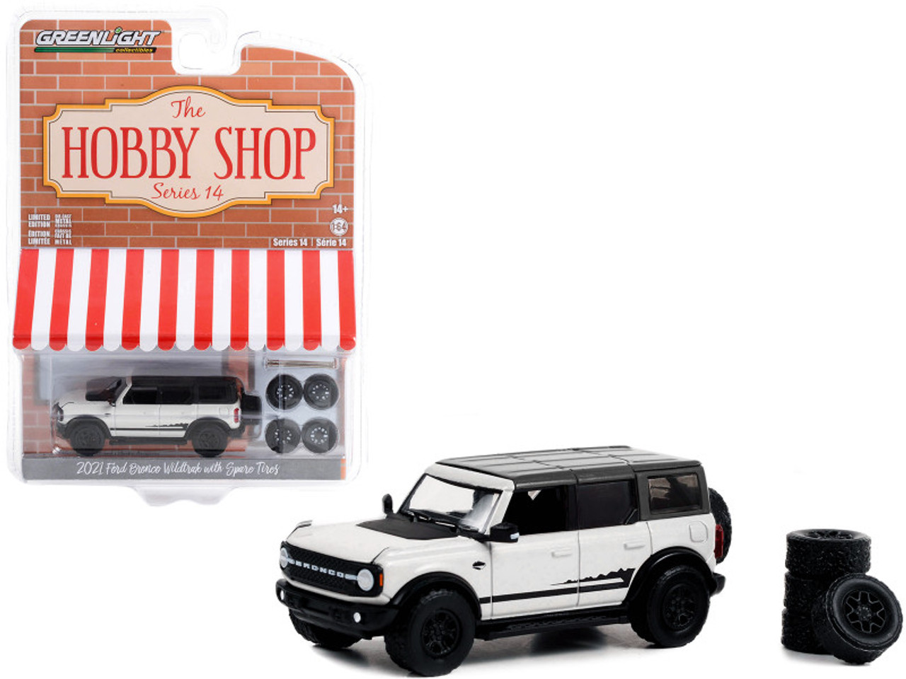 2021 Ford Bronco Wildtrak White with Black Top and Stripes and Spare Tires "The Hobby Shop" Series 14 1/64 Diecast Model Car by Greenlight