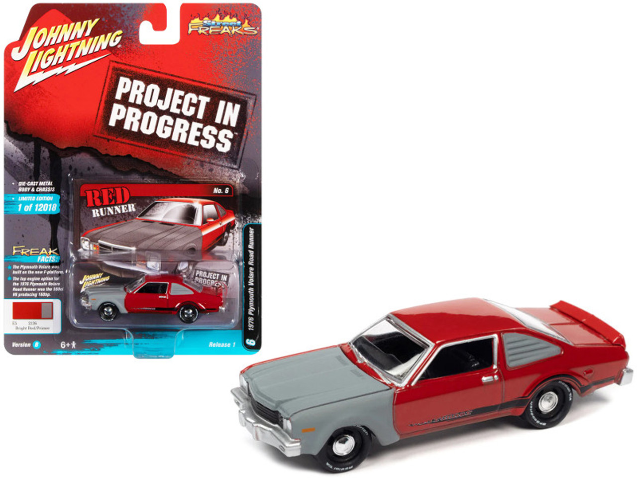 1976 Plymouth Volare Road Runner Bright Red and Primer Gray with Black Stripes "Project in Progress" Limited Edition to 12018 pieces Worldwide "Street Freaks" Series 1/64 Diecast Model Car by Johnny Lightning
