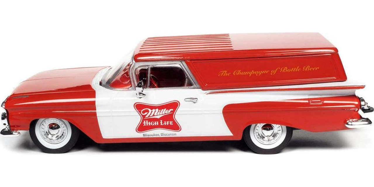 1/24 Auto World 1959 Chevrolet Sedan Delivery Car Red and White "Miller High Life: The Champagne of Beers" Diecast Car Model