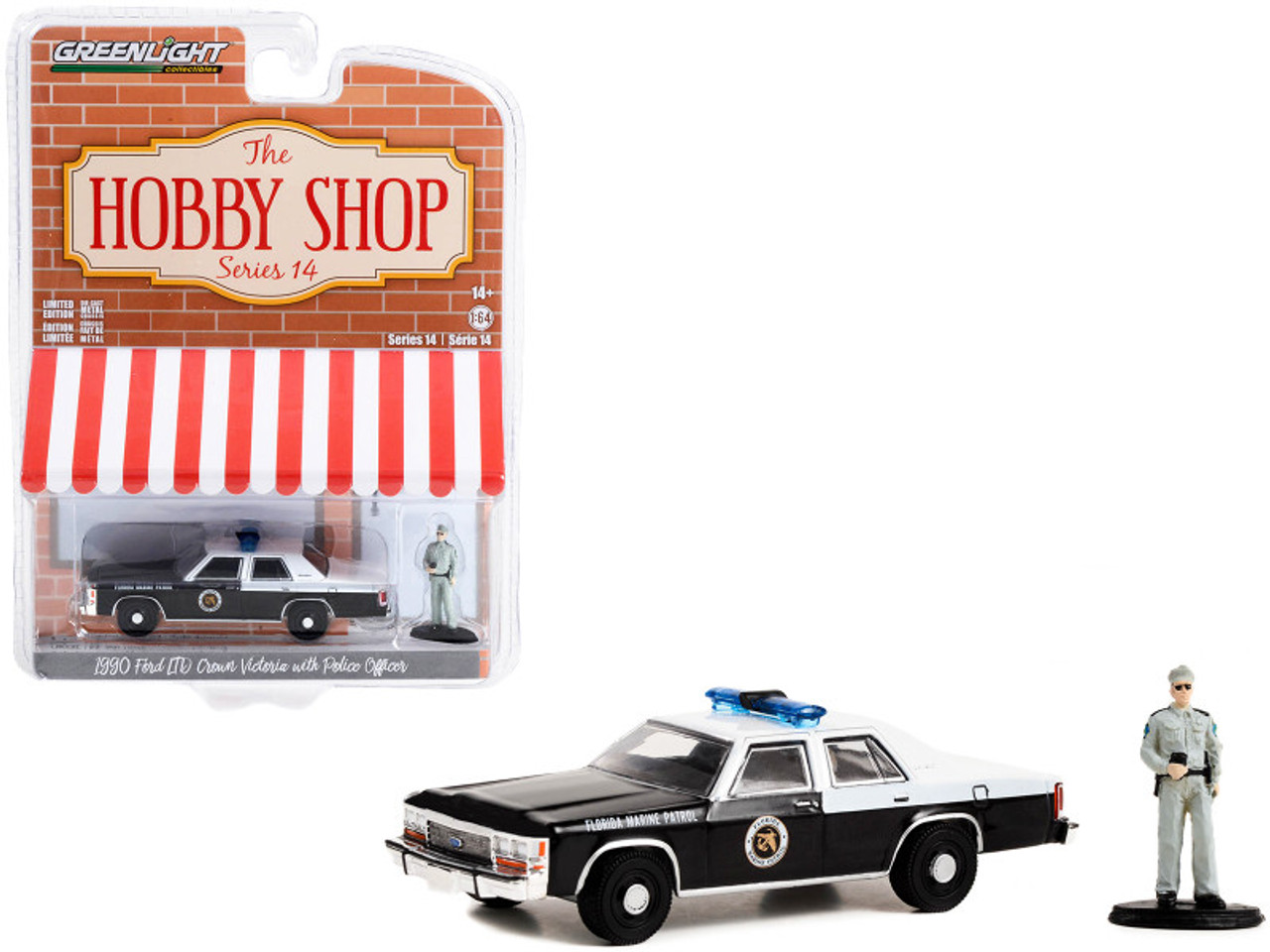 1990 Ford LTD Crown Victoria Police Black and White "Florida Marine Patrol" and Police Officer "The Hobby Shop" Series 14 1/64 Diecast Model Car by Greenlight