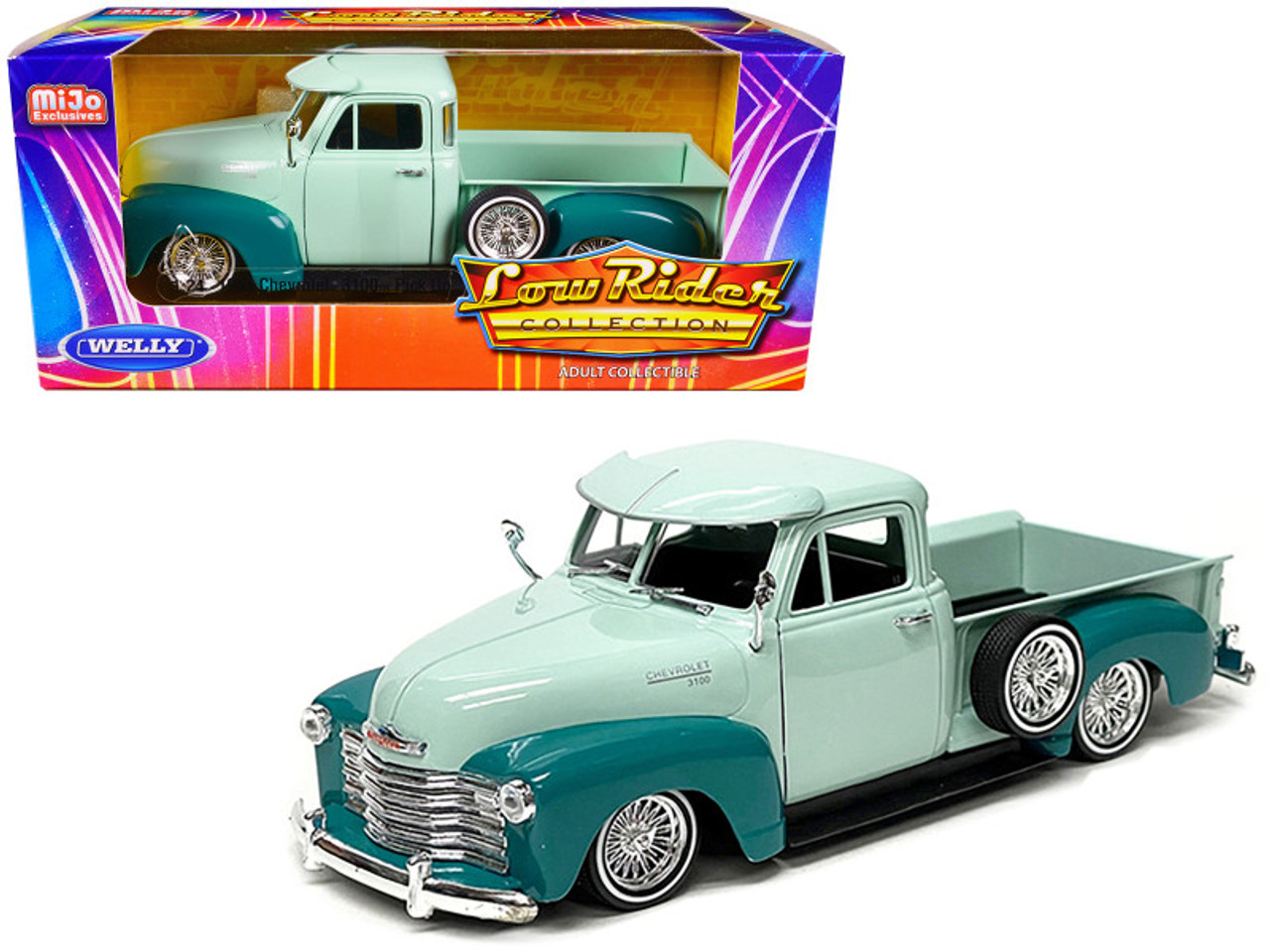 1953 Chevrolet 3100 Pickup Truck Lowrider Light Green and Teal Two-Tone  Low Rider Collection 1/24 Diecast Model Car by Welly