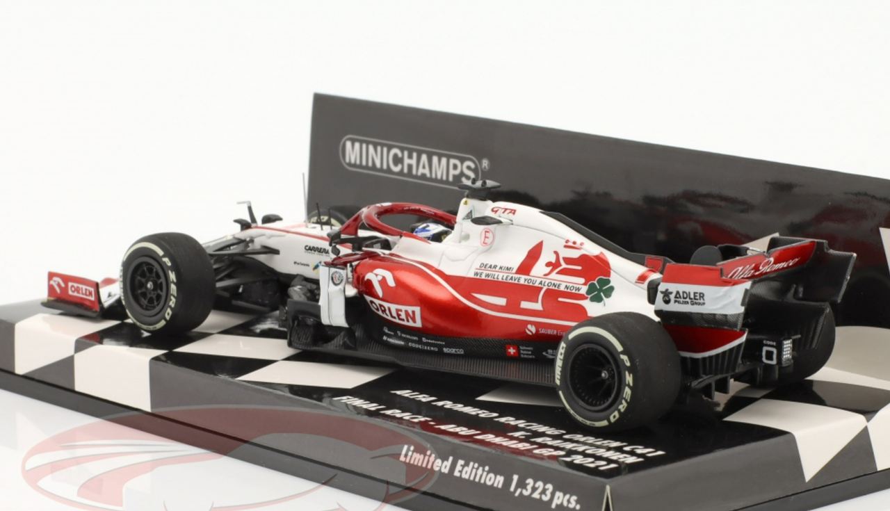 1/43 Minichamps 2021 Formula 1 Kimi Räikkönen Alfa Romeo Racing C41 #7 Last Race Abu Dhabi GP Car Model