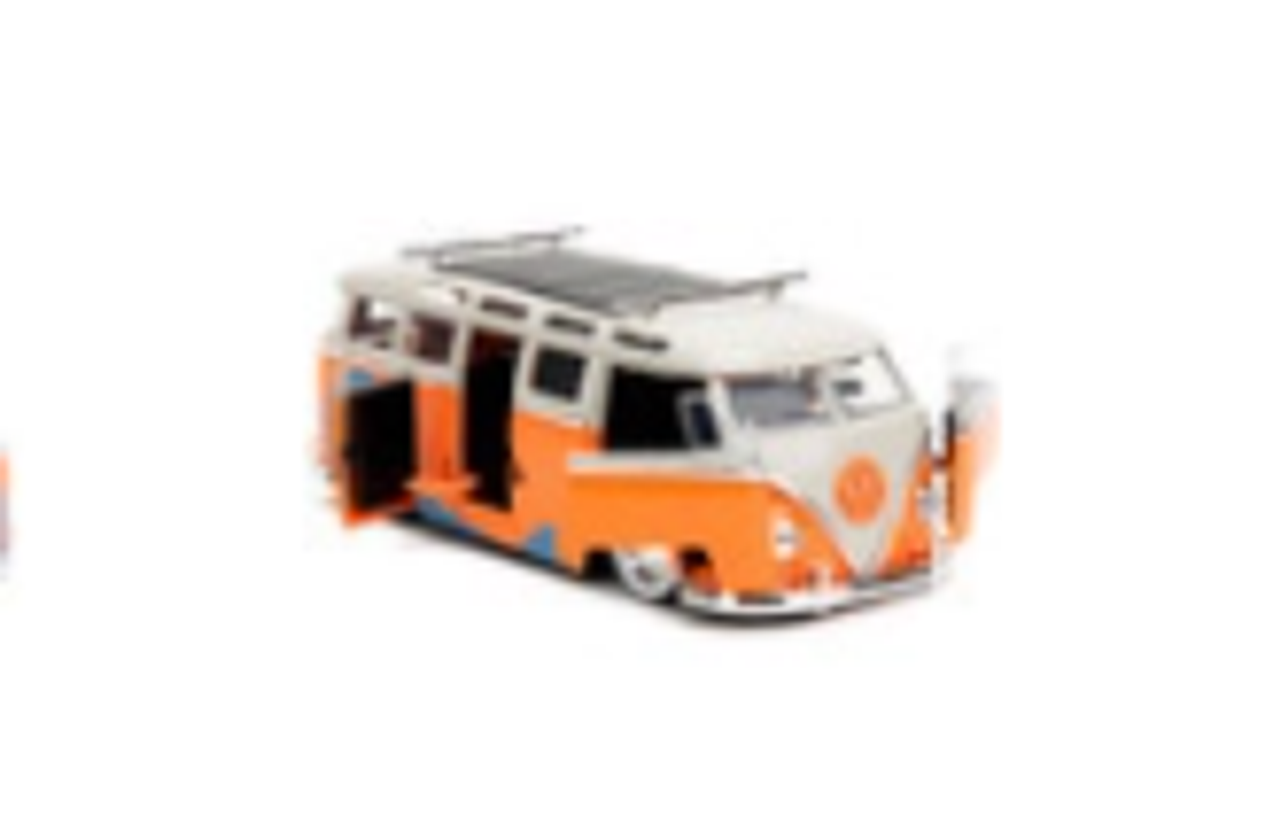 1962 Volkswagen Bus "Santa Monica Surf Club" Orange and White with Graphics with Roof Rack and Surfboard "Punch Buggy" Series 1/24 Diecast Model Car by Jada