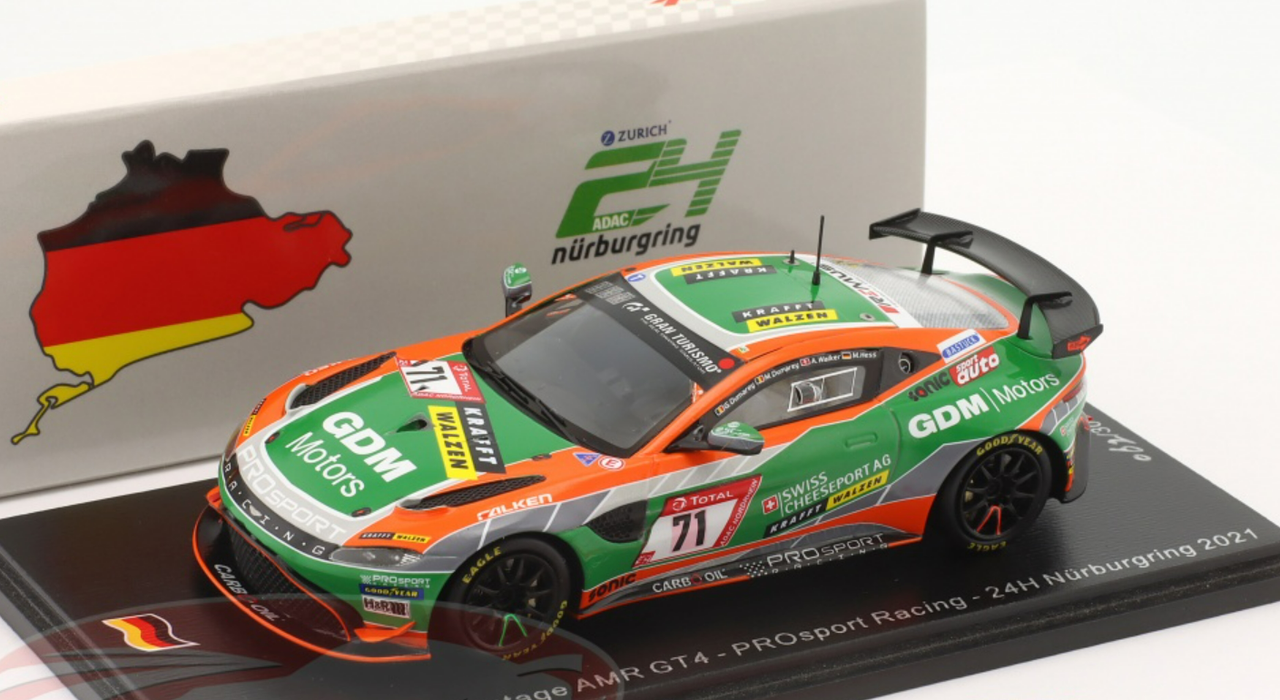 1/43 Spark 2021 Aston Martin Vantage AMR GT4 #71 24h Nürburgring PROsport Racing Guido Dumarey, Maxime Dumarey, Alexander Walker, Michael Hess Car Model