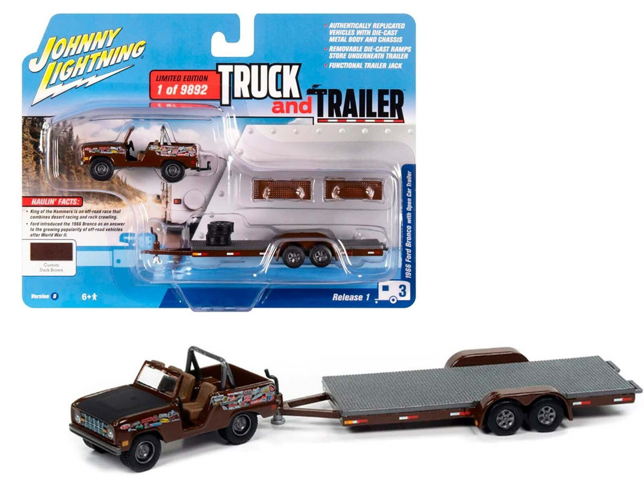 1/64 Johnny Lightning 1966 Ford Bronco with Open Car Trailer (Dark Brown) Diecast Car Model