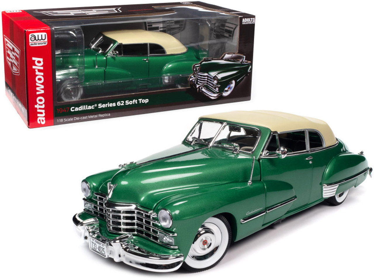 1/18 Auto World 1947 Cadillac Series 62 Soft Top Ardsley Green Metallic with Tan Soft Top Diecast Car Model