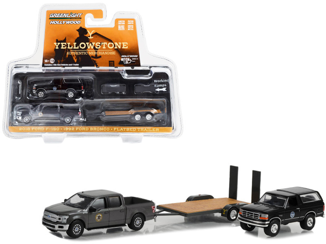 2018 Ford F-150 Pickup Truck Gray with 1992 Ford Bronco "Montana Livestock Association" Black and Flatbed Car Trailer "Yellowstone" (2018-Current) TV Series "Hollywood Hitch & Tow" Series 11 1/64 Diecast Model Cars by Greenlight