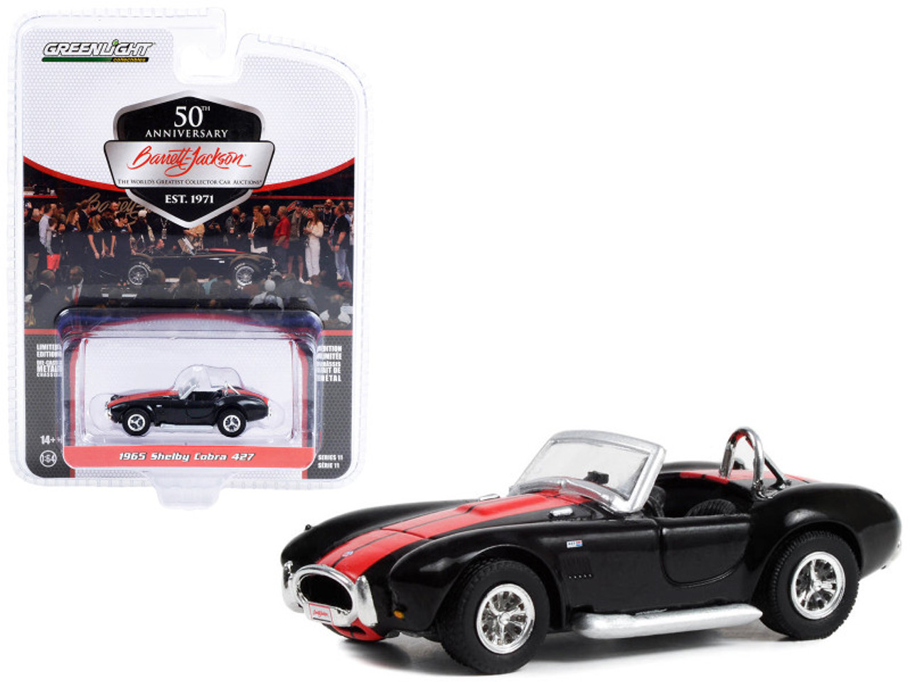 1965 Shelby Cobra 427 Black with Red Stripes (Lot #3002) Barrett Jackson "Scottsdale Edition" Series 11 1/64 Diecast Model Car by Greenlight