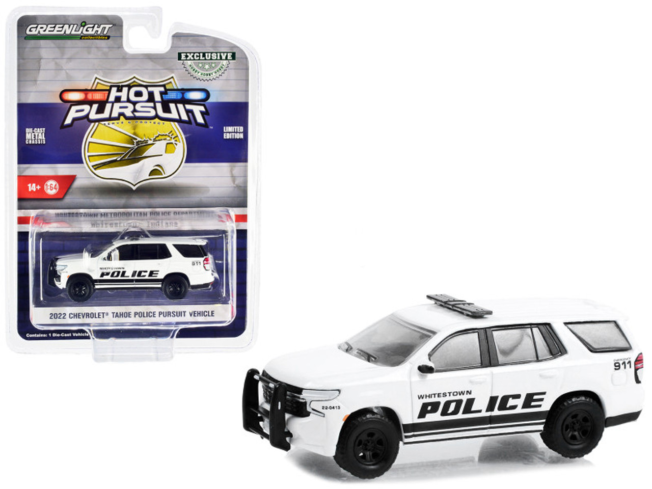 2022 Chevrolet Tahoe Police Pursuit Vehicle (PPV) "Whitestown Metropolitan Police Department Whitestown Indiana" White with Black Stripes "Hobby Exclusive" Series 1/64 Diecast Model Car by Greenlight