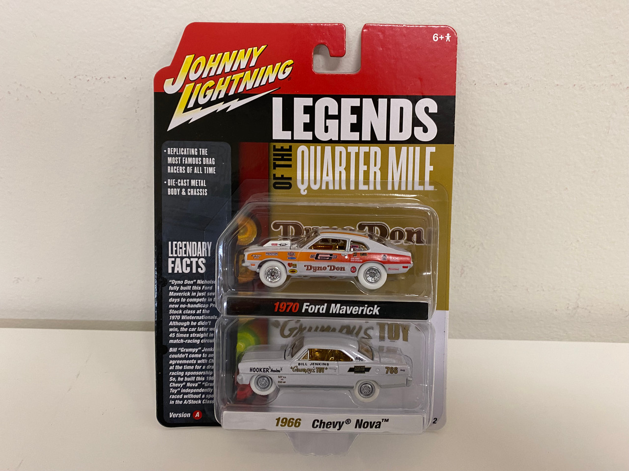 CHASE CARS WHITE LIGHTNING 1970 Ford Maverick Red Orange and White "Dyno" Don Nicholson and 1966 Chevrolet Nova White Bill "Grumpy" Jenkins "Legends of the Quarter Mile" Series Set of 2 Cars 1/64 Diecast Model Cars by Johnny Lightning