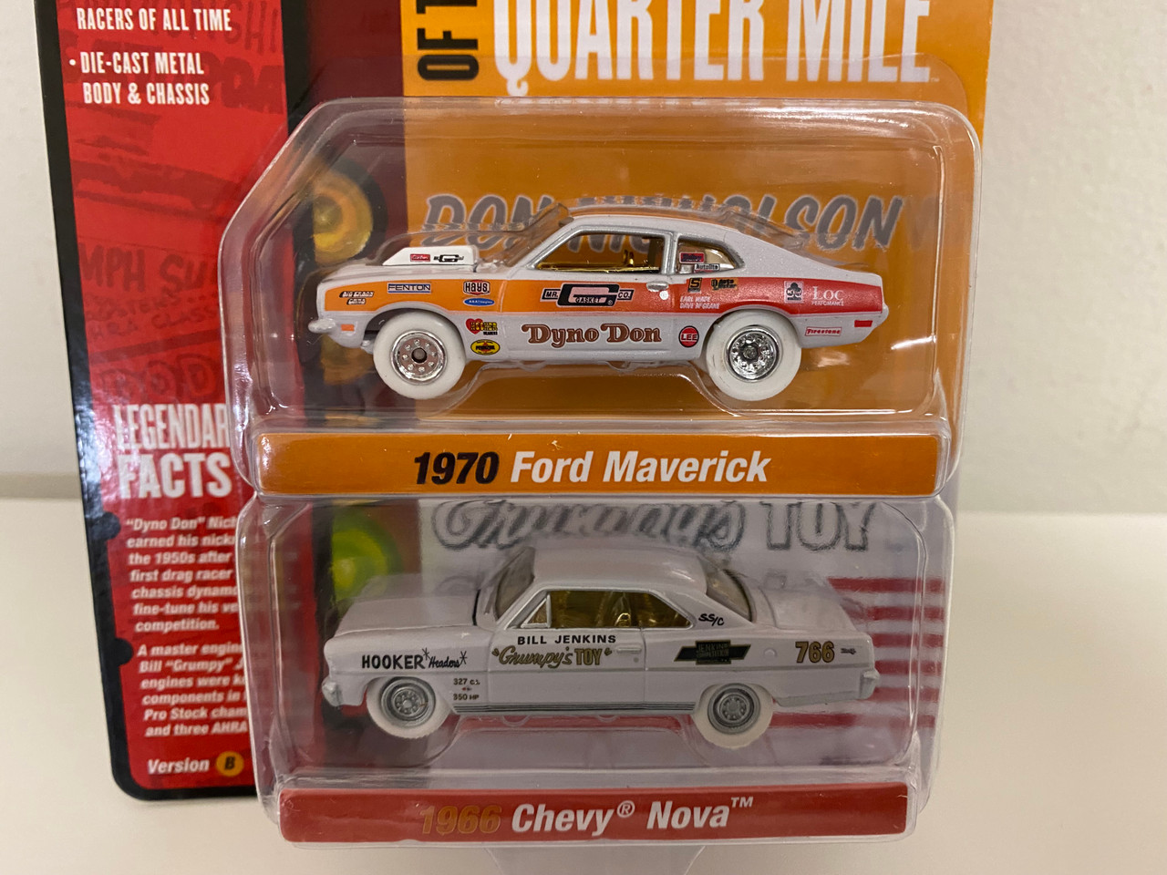 CHASE CARS WHITE LIGHTNING 1970 Ford Maverick Red Orange and Black "Dyno" Don Nicholson and 1966 Chevrolet Nova Red and White Bill "Grumpy" Jenkins "Legends of the Quarter Mile" Series Set of 2 Cars 1/64 Diecast Model Cars by Johnny Lightning