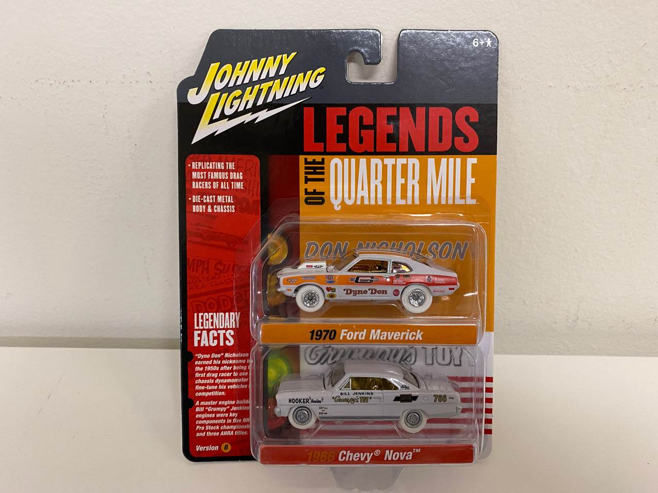 CHASE CARS WHITE LIGHTNING 1970 Ford Maverick Red Orange and Black "Dyno" Don Nicholson and 1966 Chevrolet Nova Red and White Bill "Grumpy" Jenkins "Legends of the Quarter Mile" Series Set of 2 Cars 1/64 Diecast Model Cars by Johnny Lightning