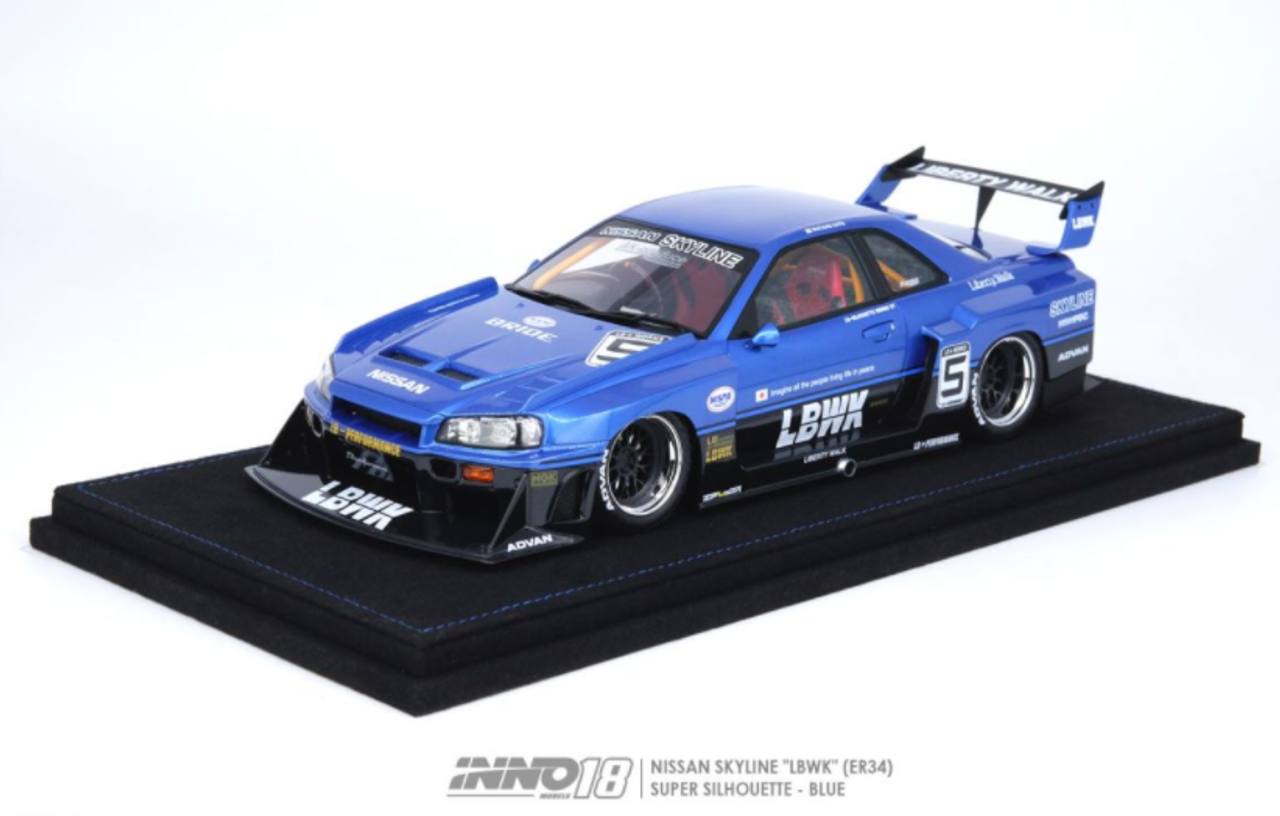 1/18 INNO NISSAN SKYLINE "LBWK" (ER34) SUPER SILHOUETTE  BLUE Metallic comes with display cover and based