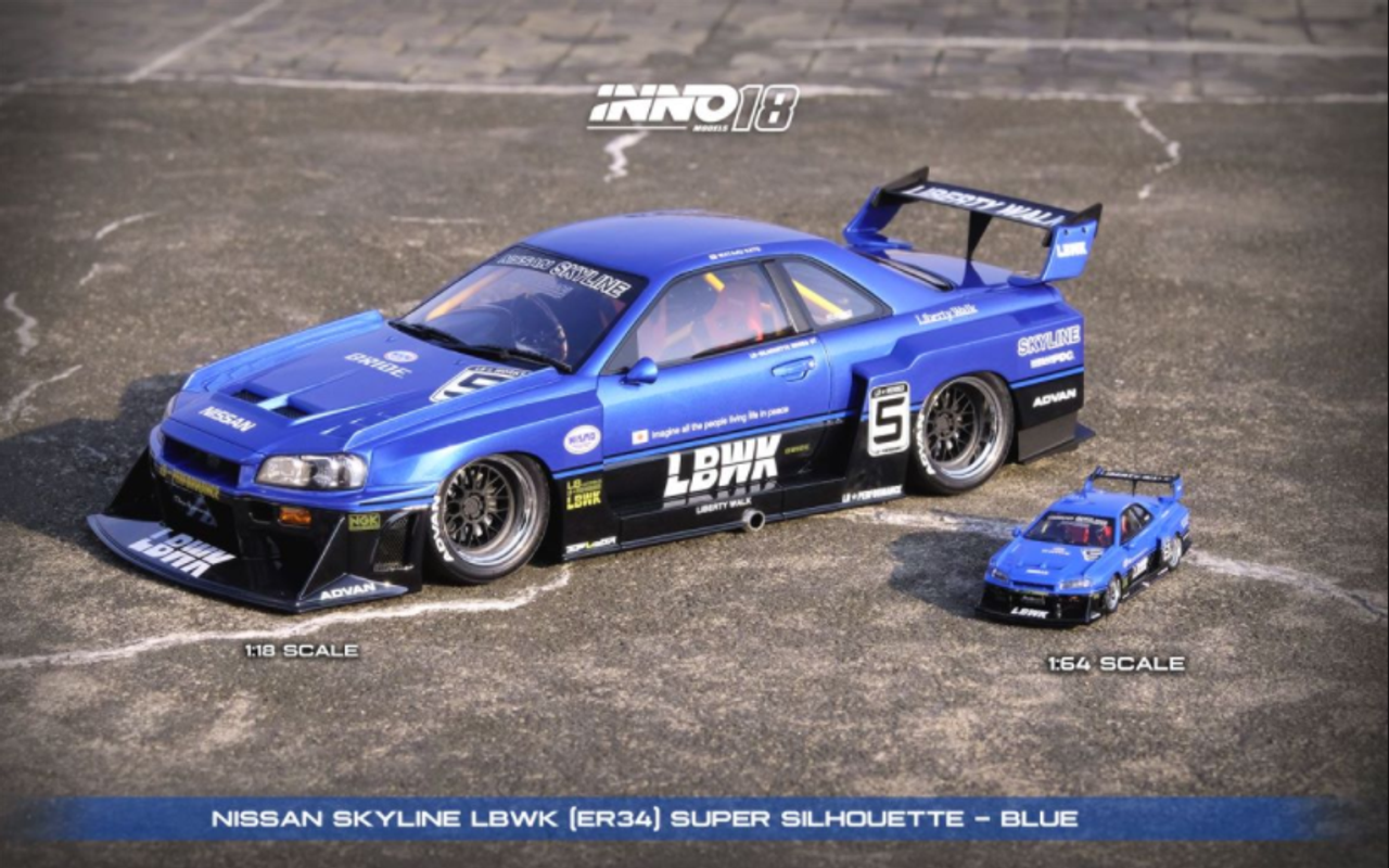 1/18 INNO NISSAN SKYLINE "LBWK" (ER34) SUPER SILHOUETTE  BLUE Metallic comes with display cover and based