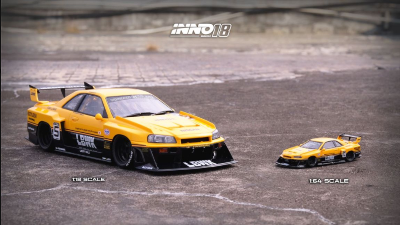 1/18 INNO NISSAN SKYLINE "LBWK" (ER34) SUPER SILHOUETTE  Yellow comes with display cover and based