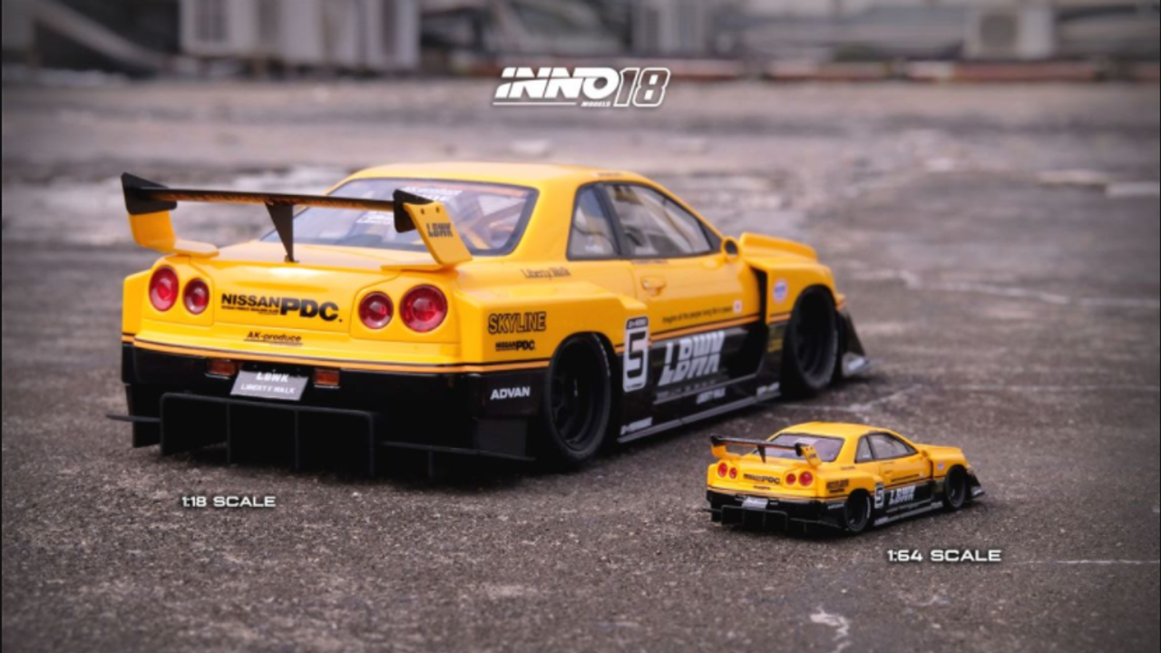 1/18 INNO NISSAN SKYLINE "LBWK" (ER34) SUPER SILHOUETTE  Yellow comes with display cover and based