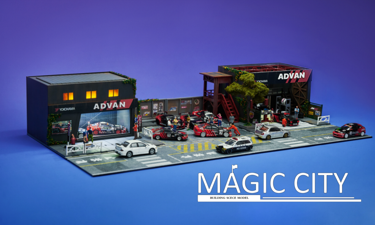 1/64 Magic City ADVAN Theme Exhibition Building & Body Shop Diorama (cars & figures NOT included)
