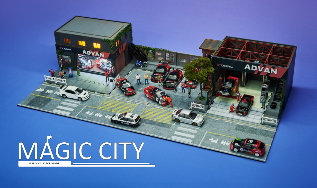 1/64 Magic City ADVAN Theme Exhibition Building & Body Shop Diorama (cars & figures NOT included)