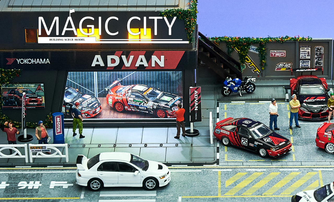 1/64 Magic City ADVAN Theme Exhibition Building & Body Shop Diorama (cars & figures NOT included)