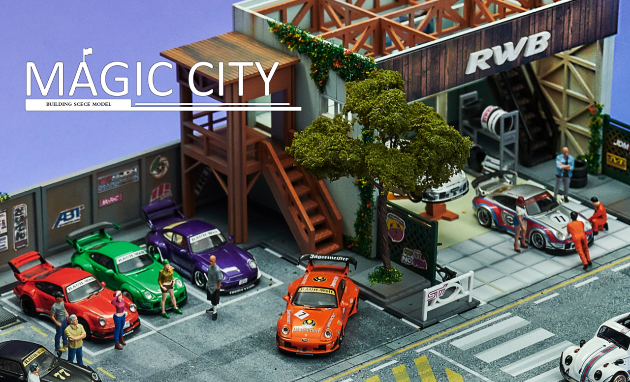 1/64 Magic City RWB Theme Exhibition Building & Body Shop Diorama (cars & figures NOT included)