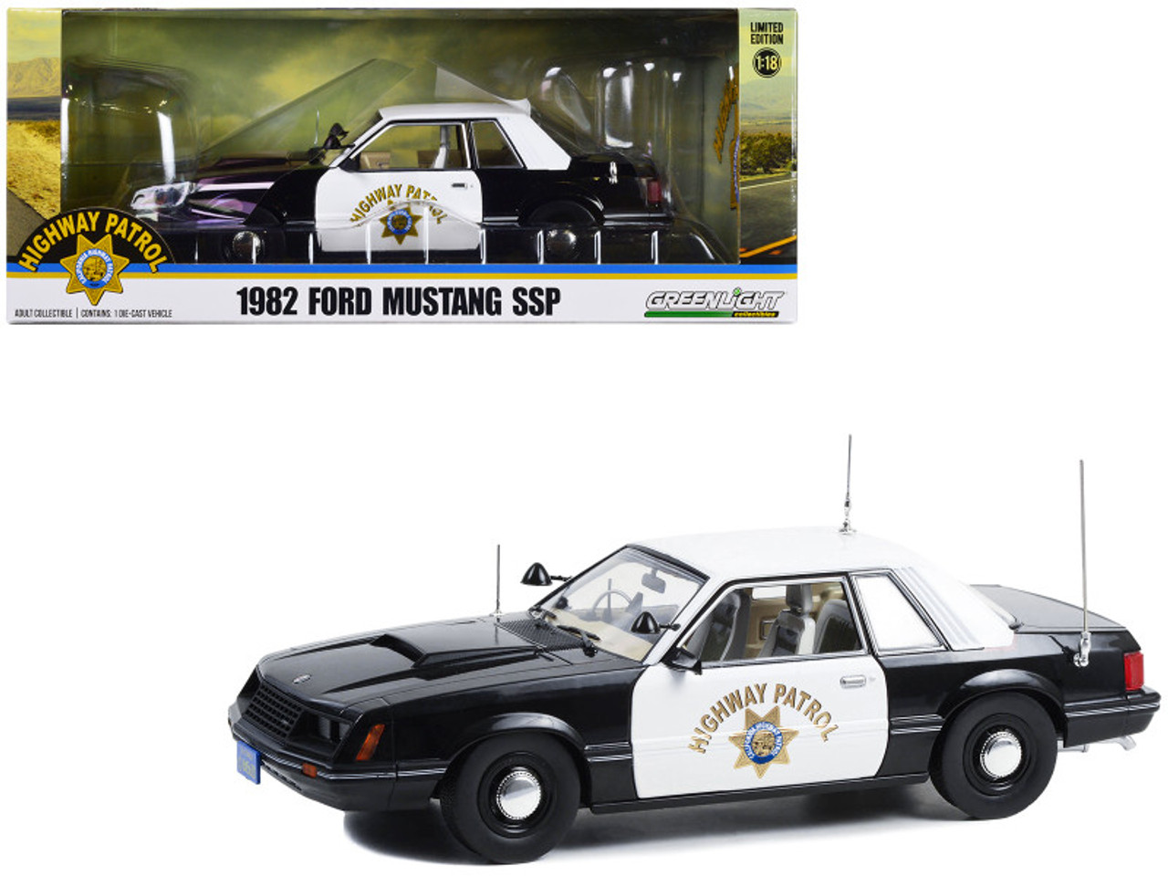 1/18 Greenlight 1982 Ford Mustang SSP California Highway Patrol Diecast Car Model
