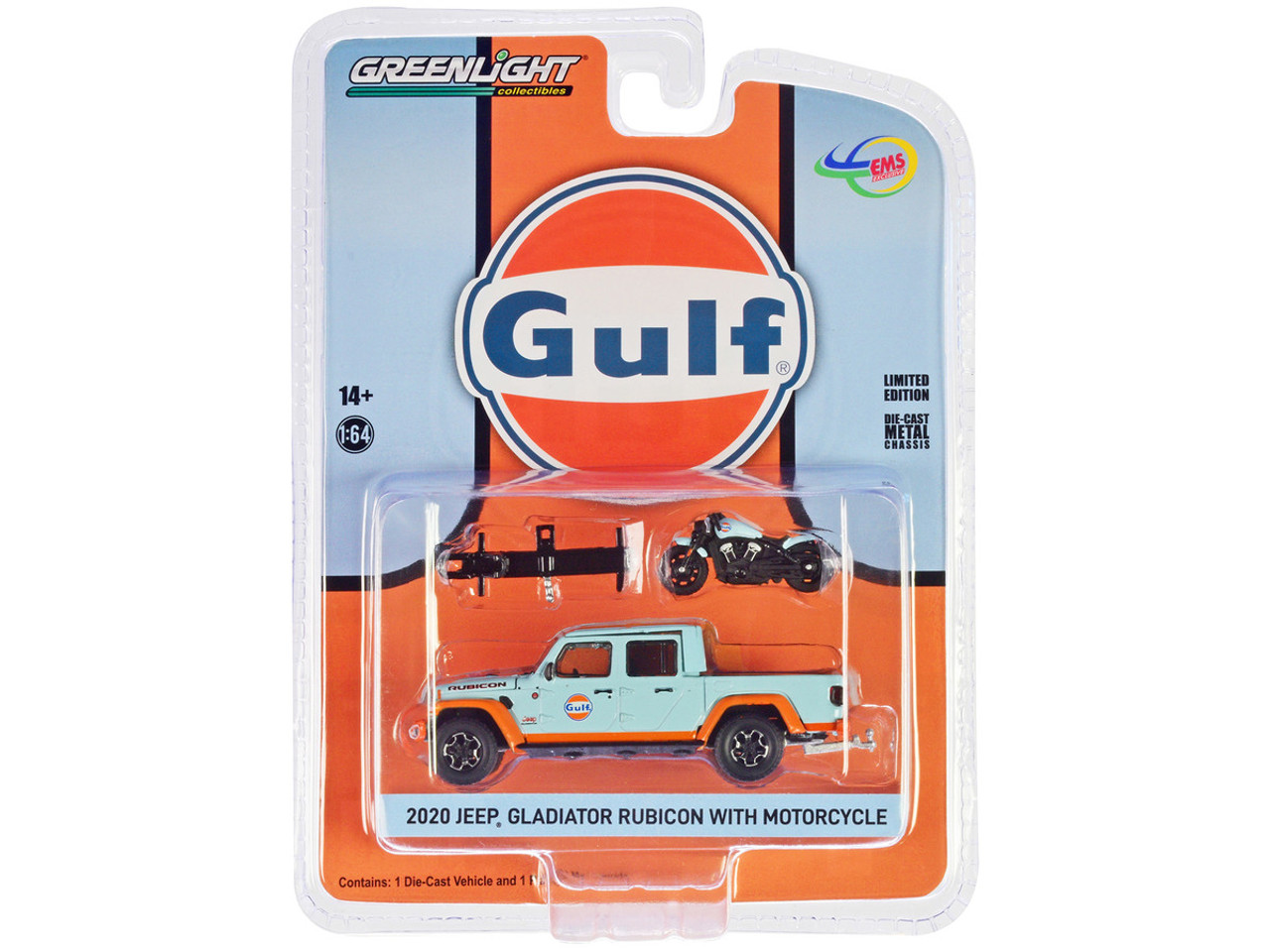 1/64 Greenlight Indonesia Exclusive 2020 Jeep Gladiator Rubicon With Indian Motorcycle GULF Livery Limited Edition Diecast Car Model